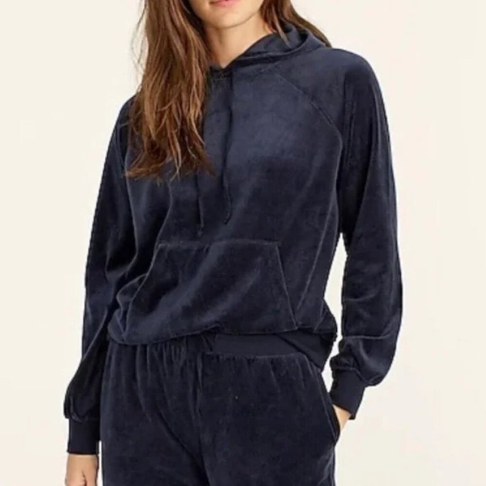 J. Crew Womens Navy Blue Relaxed Fit Velour Pullover Hoodie Sweatshirt Medium